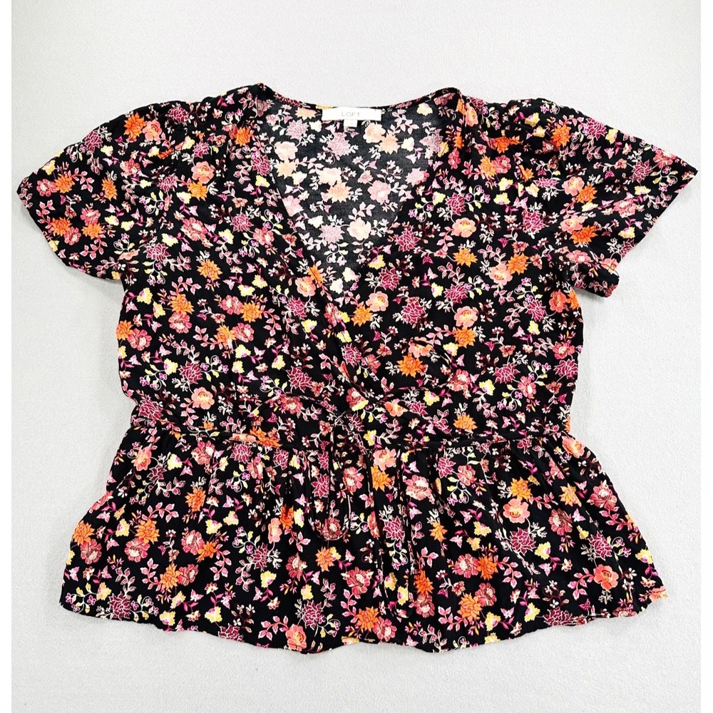 LOFT Floral Peplum Blouse Women's Medium Black Pink Short Sleeve